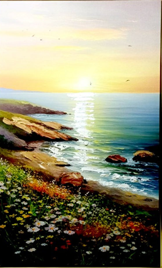 Canvas Art Painting Of A Field Of Flowers & The Sun Setting