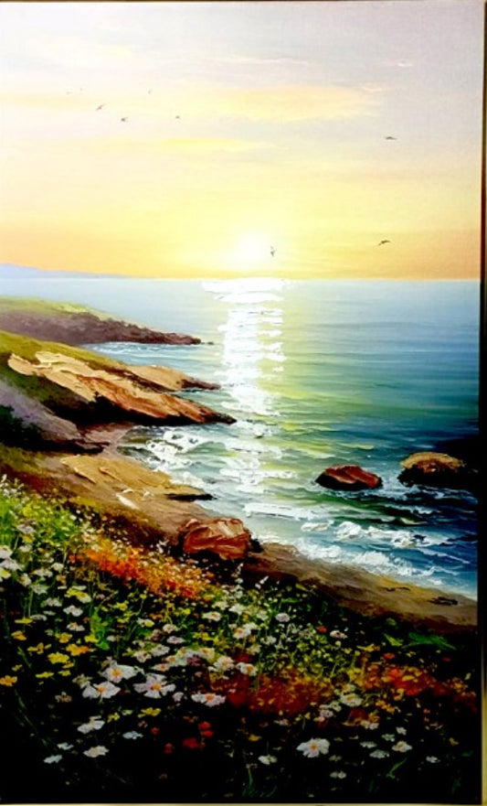 Canvas Art Painting Of A Field Of Flowers & The Sun Setting