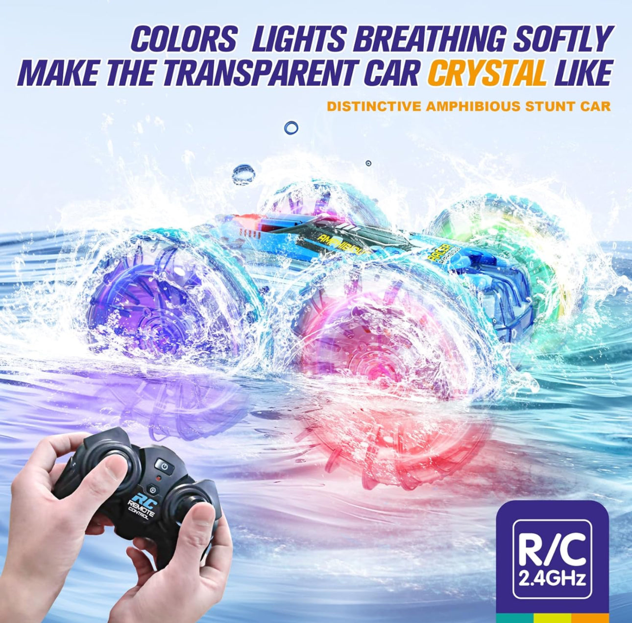 Amphibious Remote Control Car, RC Car with Lights 2.4GHz Waterproof RC Stunt Car 360° Flips Rotation, All Terrain Water Beach Pool Toys for Kids, Gifts for Boys Girls