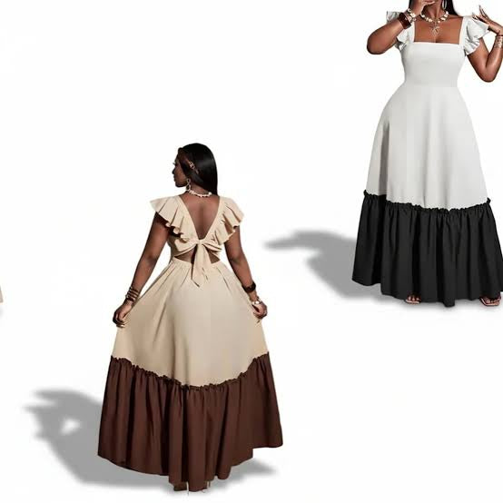 Ladies Two-Tone Ruffle-Sleeve Tiered Maxi Dress-Various Colours