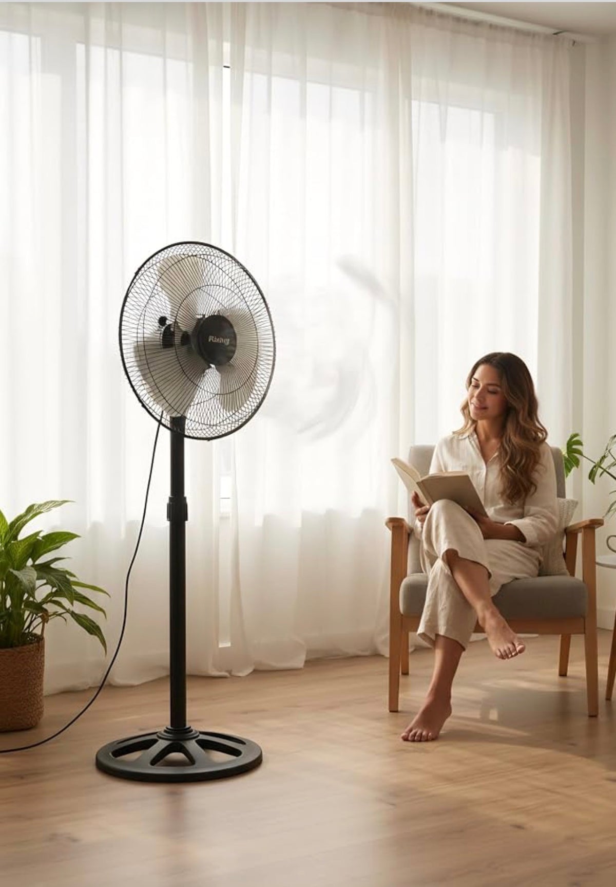 Rising Adjustable Pedestal Fan, Black, 18-Inch Standing Oscillating Fan with Round Base, Electric-Powered 2pc Set