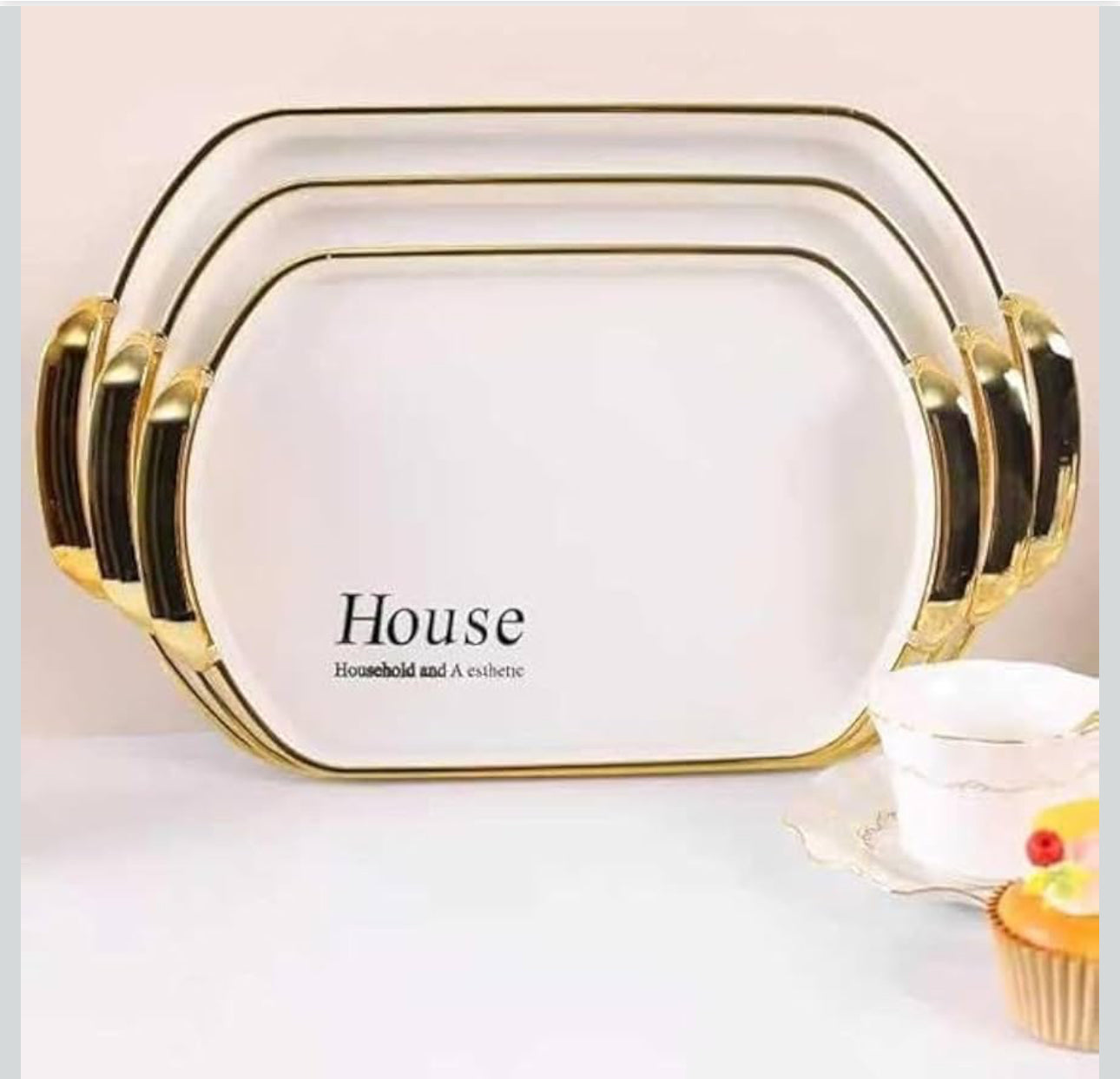 MHome Elegant Rectangular Tray Set 3PC – Melamine with Gold & Silver Trim