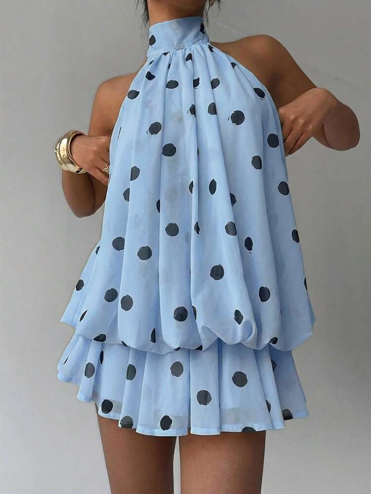 Ladies Summer Halter Neck Polka Backless Mini Dress-Various Colours