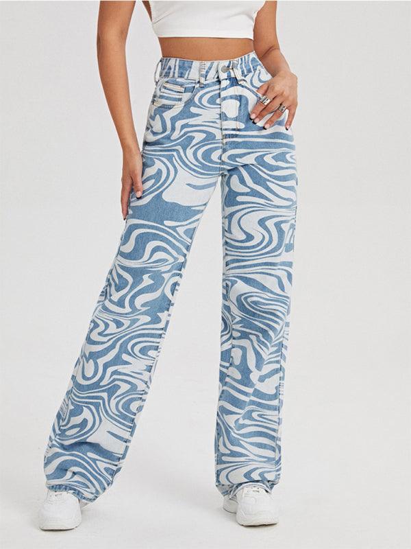 High-Waist Denim Pants with Blue Swirl Print – Stylish Wavy Ripple Graphic, Zipper Button Closure, and Slash Pockets - Ladies