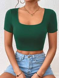 Women’s Short Sleeve Square Neck Crop Tops Basic Slim Fit Cropped T-Shirt