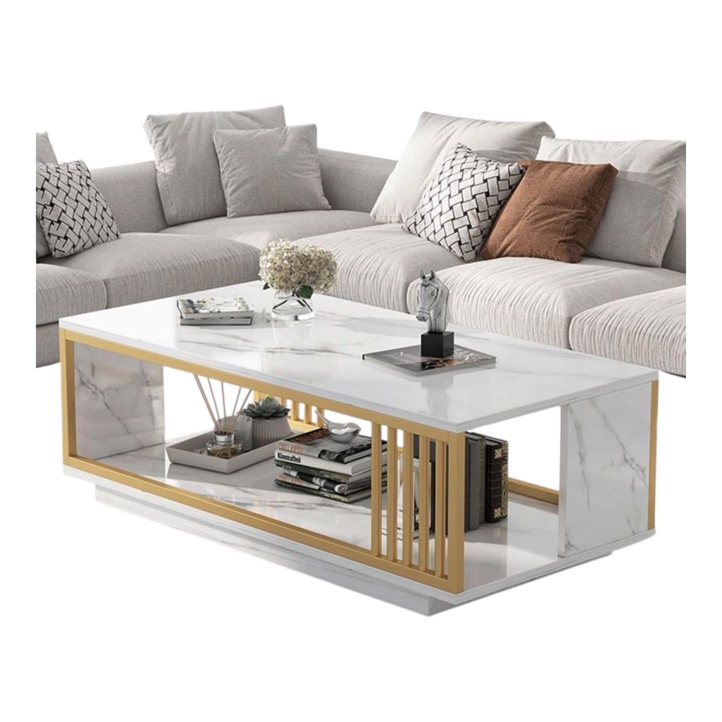MFurn Nordic 2-Tier Storage End Table – Rectangular Coffee Table with Gold Frame