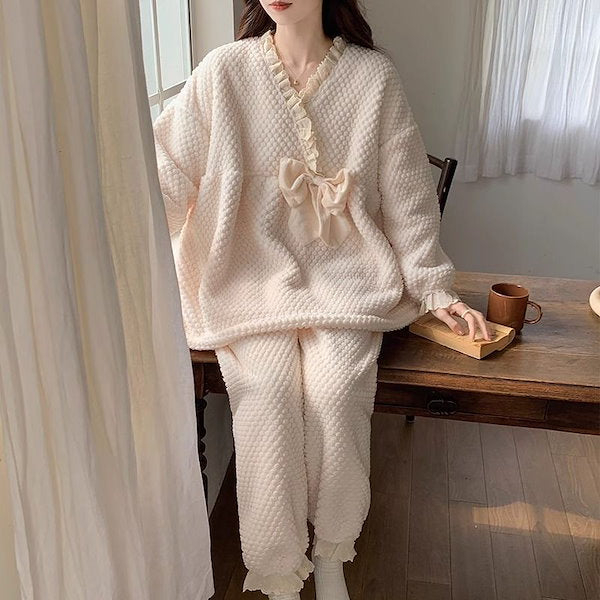 Ladies Coral Fleece Pyjamas  Autumn/Winter Thick Padded Warm Sweet Lace Suit Winter-Various Colours