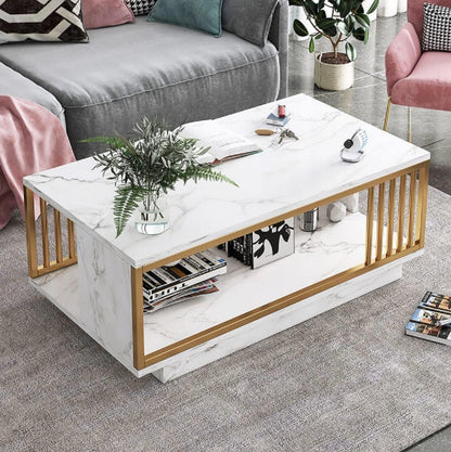 MFurn Nordic 2-Tier Storage End Table – Rectangular Coffee Table with Gold Frame