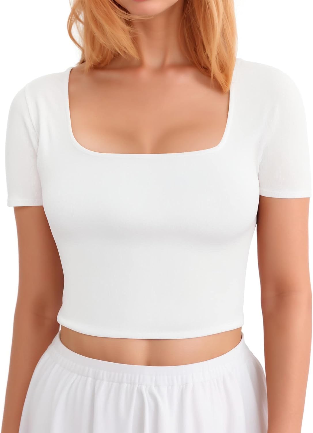 Women’s Short Sleeve Square Neck Crop Tops Basic Slim Fit Cropped T-Shirt