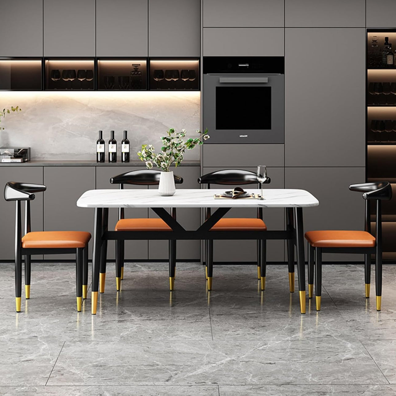 MFurn Modern Dining Table Set for 4 with Upholstered Chairs, Round Breakfast Table with Black Metal Legs ,Stylish Living Room Furniture-Available in Black or White Options