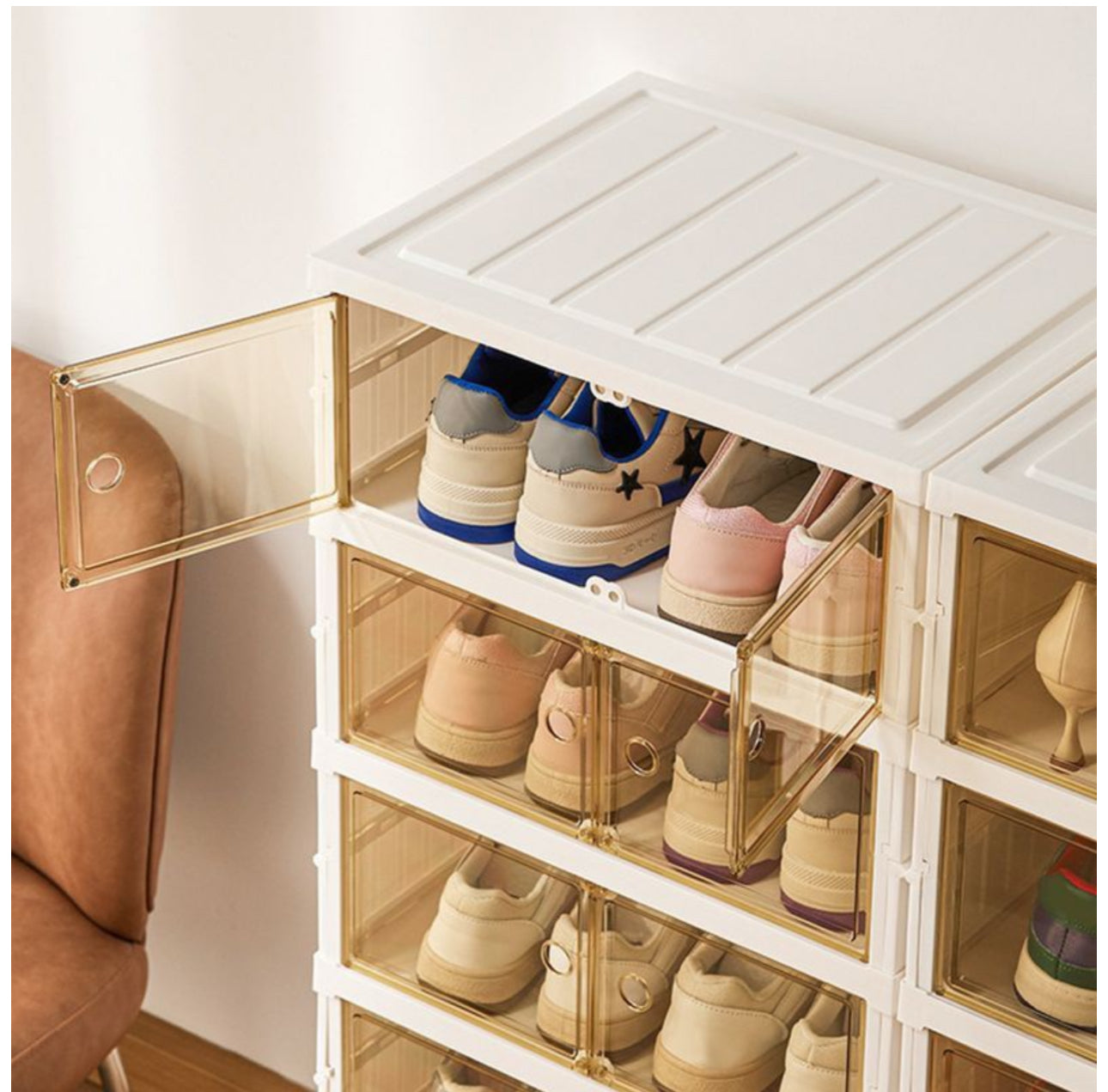MHome 12-Compartment Folding Shoe Storage Cabinet – Transparent Plastic Organizer with Wheels