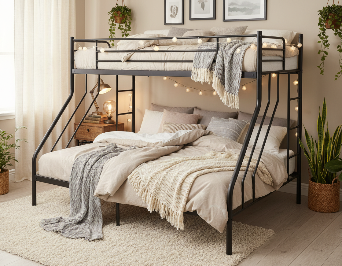 MHome Steel Double Bunk Bed – Single Top & Double Bottom | Space-Saving Modern Design