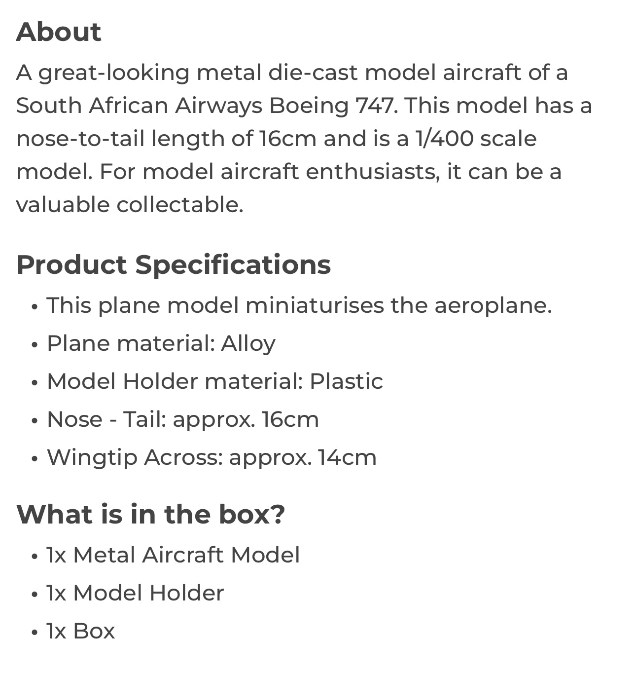 South African Airways Boeing 747 Diecast Model 1:400 – 16cm Alloy Jet with Display Stand