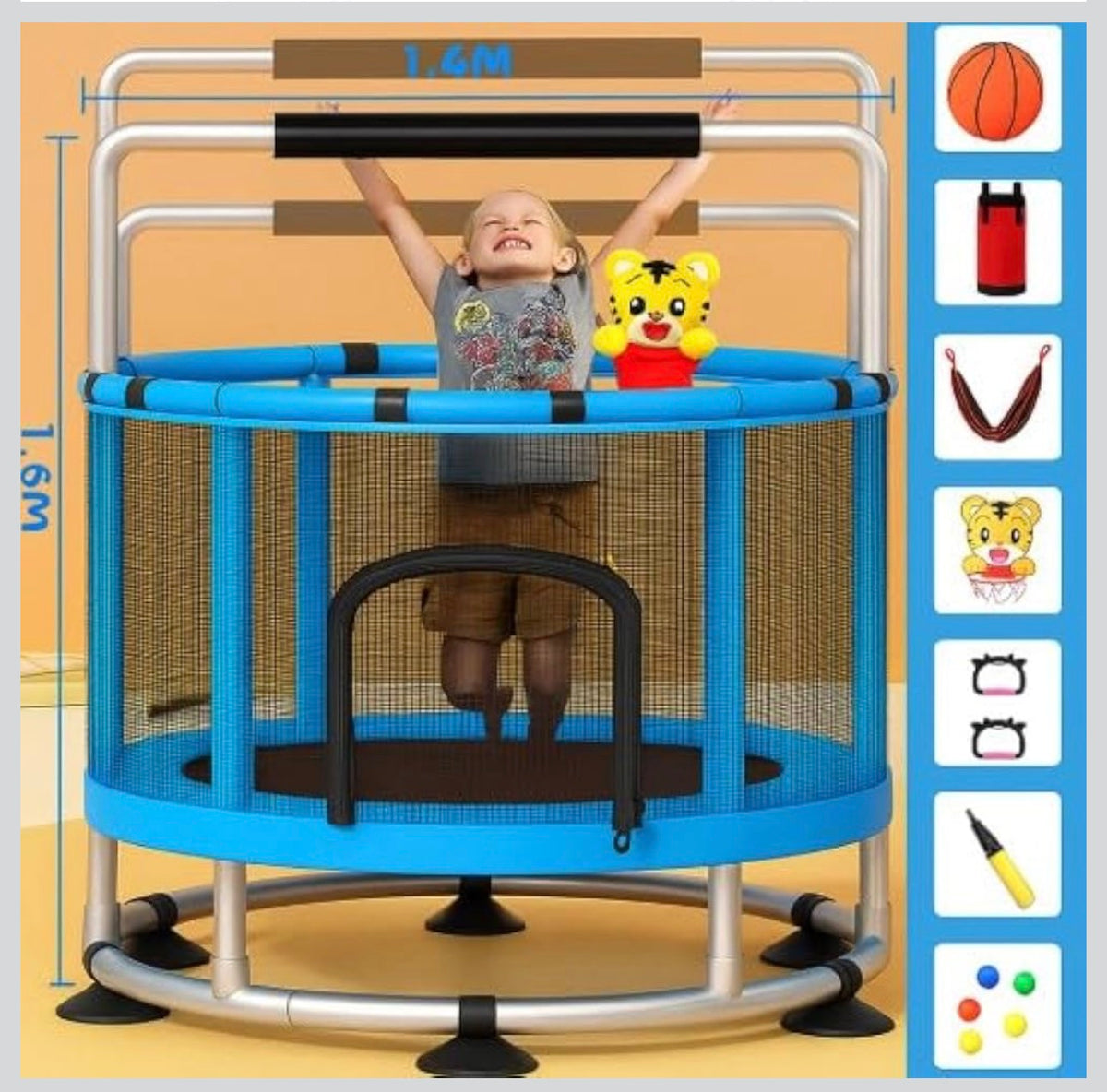 Trampoline for Kids with Enclosure, Gymnastics Bar & Toy, 140cm