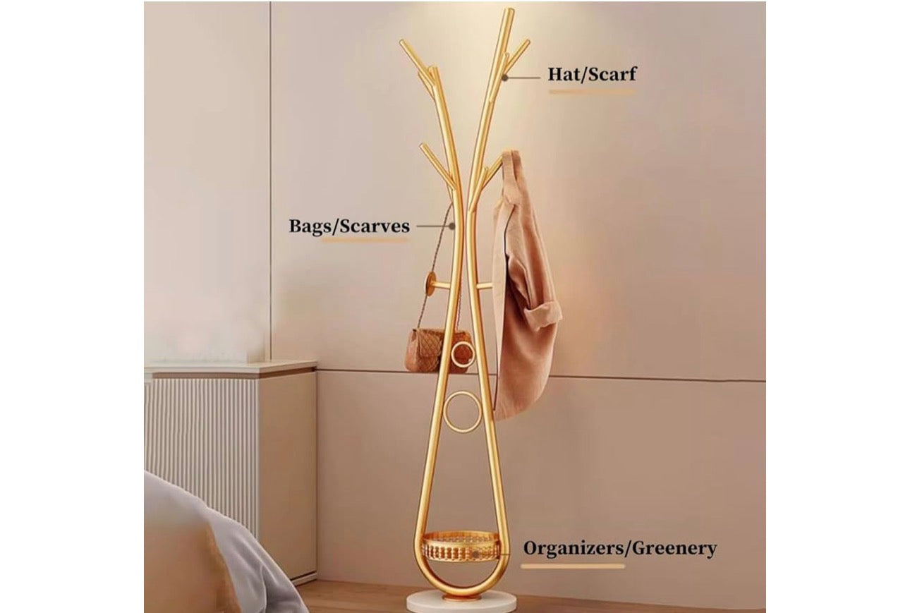 MHome Coat Rack Stand With Hooks, Coat Tree With Storage Basket, Coat Rack Freestanding Metal For Hallway, Office, Coat Hangers Stand Hall Tree With Shelves For Clothes, Scarves