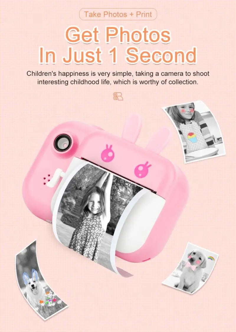 Children's Camera Children's Camera Children Instant Print Camera Cartoon Photography Portable 1080P HD Kids Camera Toy with Thermal Photo Paper 16GB TF Card