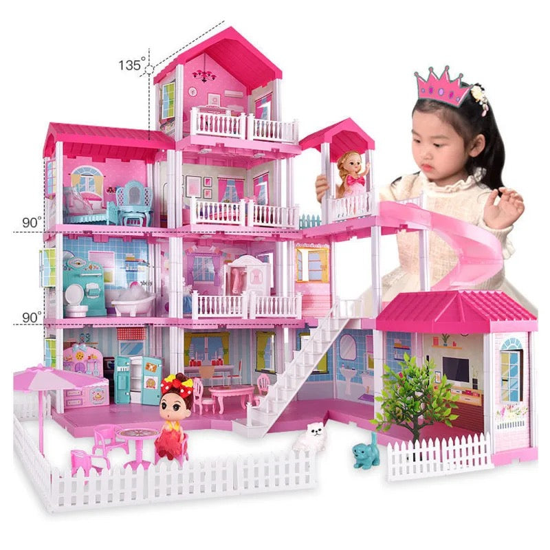 Princess Villa DIY Dollhouses Pink Castle Play With Slide Yard Kit Assembled Doll House Toy Birthday New Year Gift