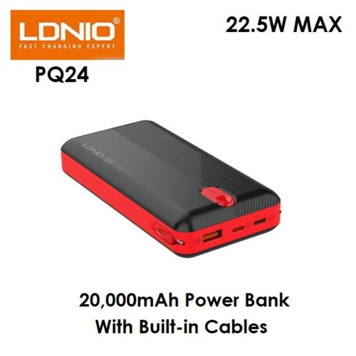 LDNIO PQ24 - 20000mAh Power Bank with Built-in Cables - 22.5W MAX - BLACK