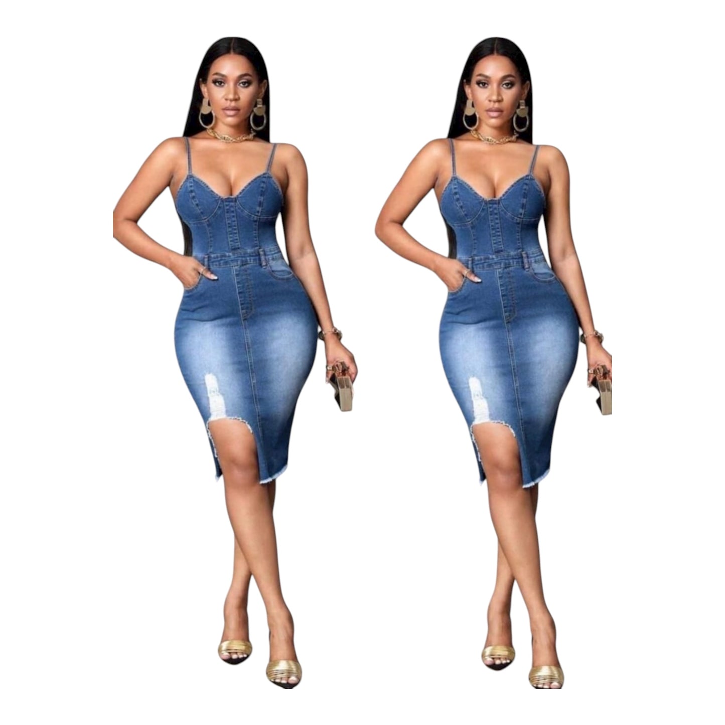 Ladies Denim Dress, Medi Length With Frayed Hem