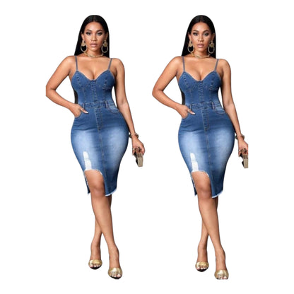 Ladies Denim Dress, Medi Length With Frayed Hem