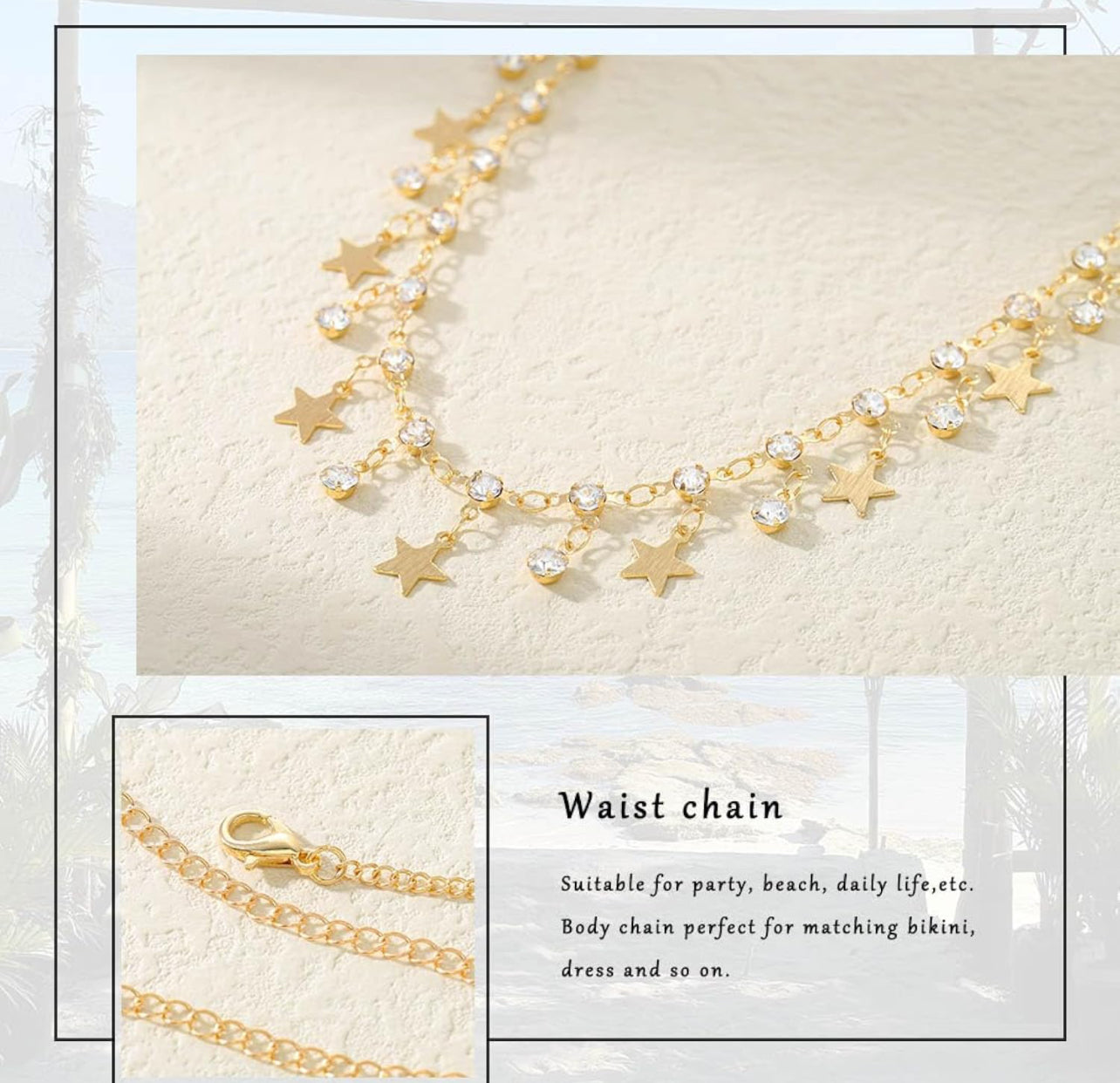 Rhinestone Belly Chain Gold Body Chains for Women Star Waist Chain Crystal Belly Chains for the Waist Star Pendant Body Jewelry Beach Bikini Waist Chains Accessories for Party Prom Concert