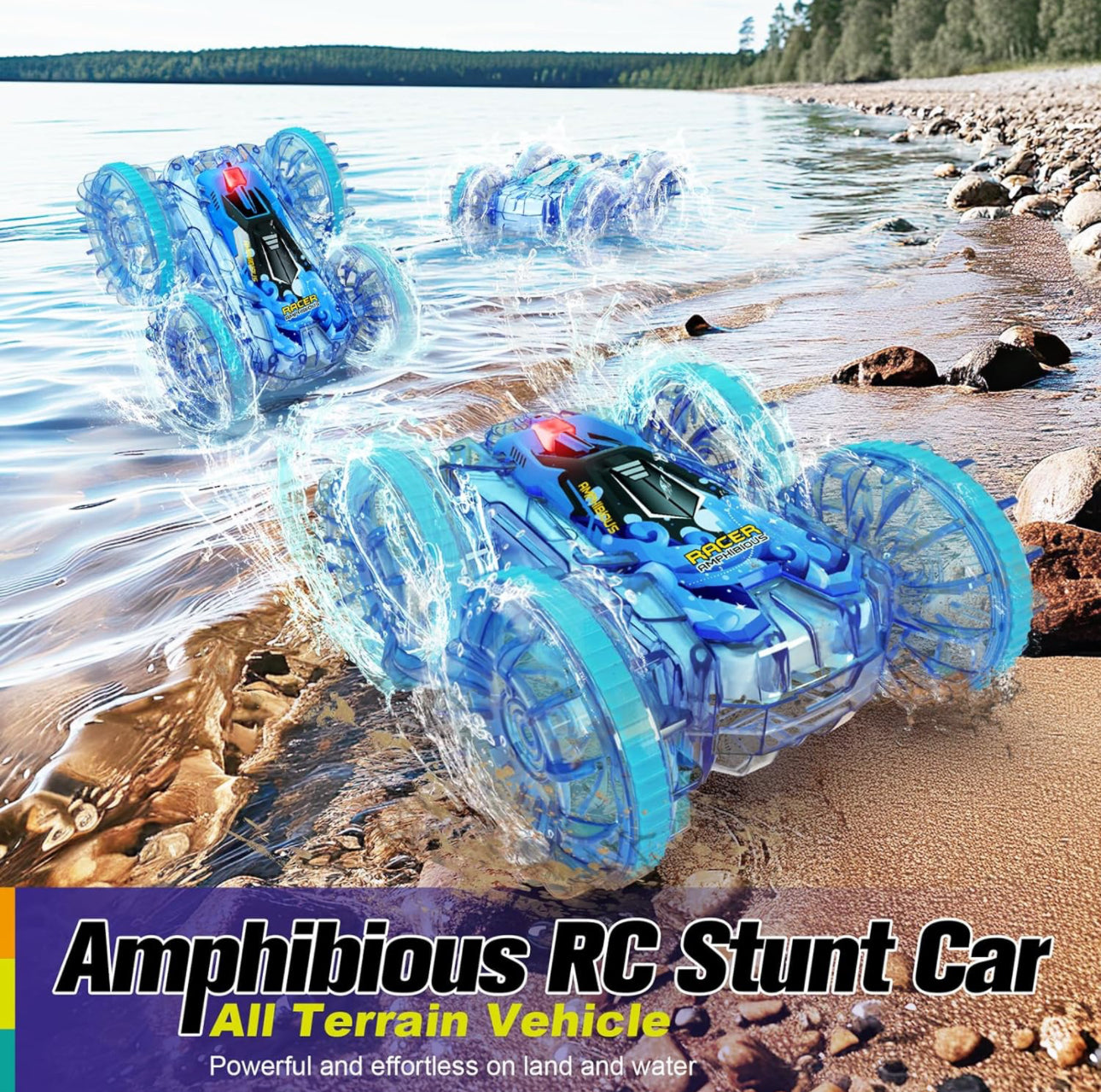 Amphibious Remote Control Car, RC Car with Lights 2.4GHz Waterproof RC Stunt Car 360° Flips Rotation, All Terrain Water Beach Pool Toys for Kids, Gifts for Boys Girls