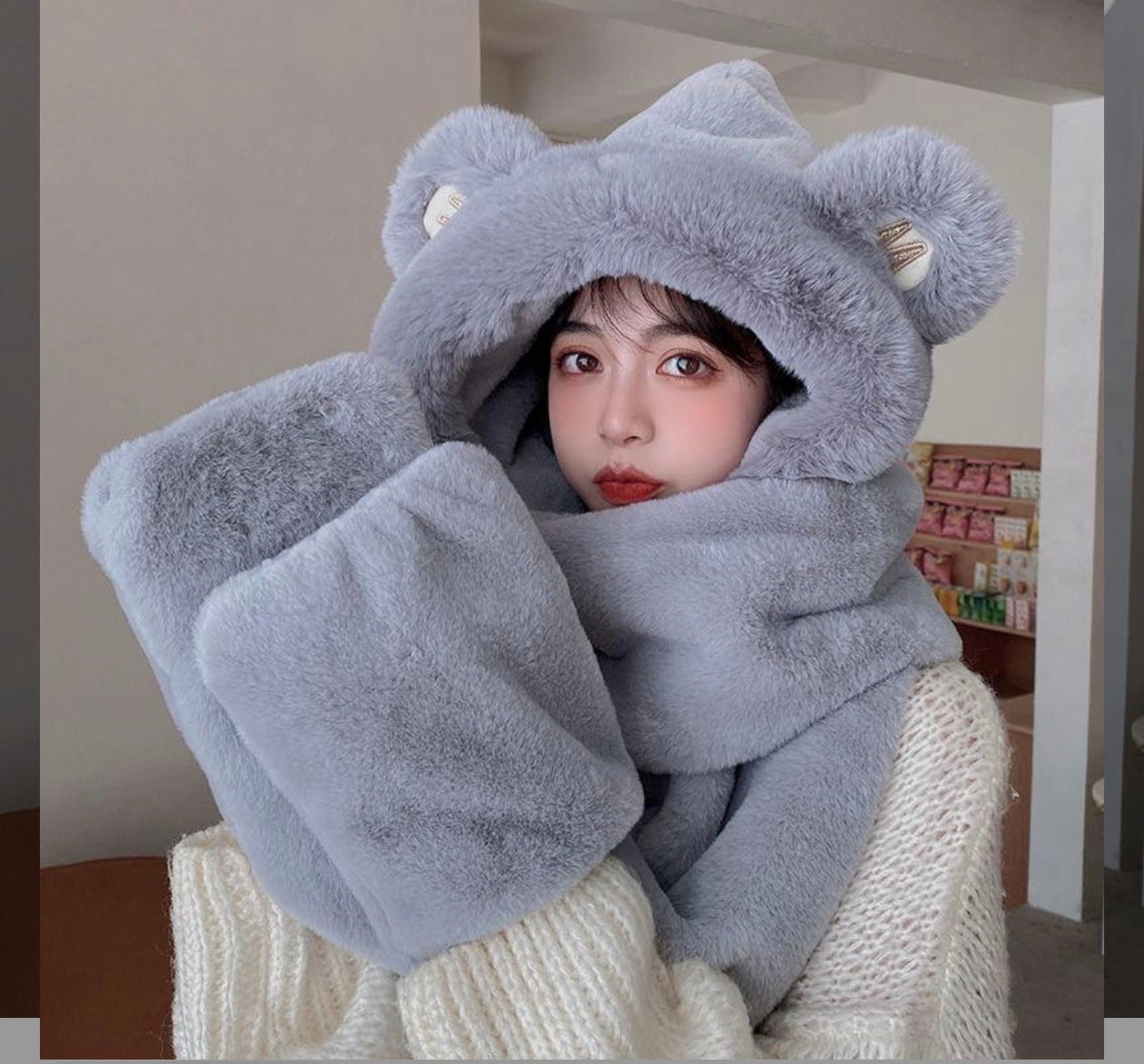 Ladies Plush Hat, Autumn And Winter Scarf, Hat And Gloves All-in-one Adult Ladies Style