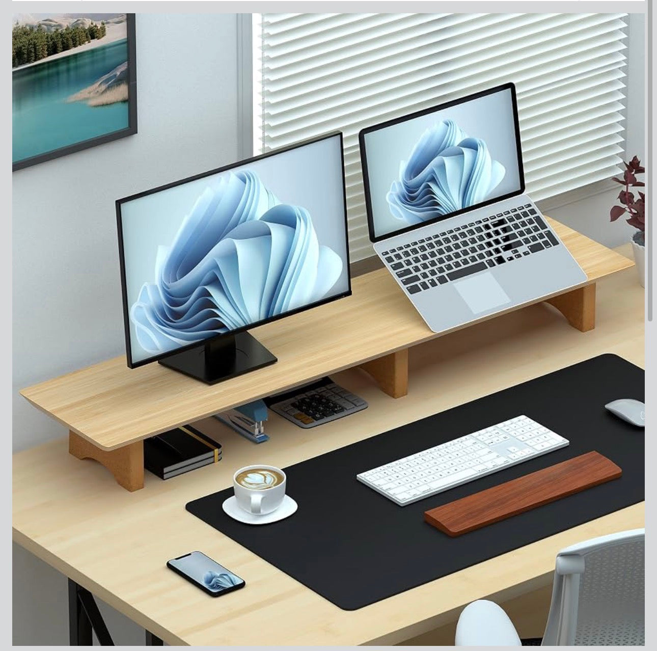 MFURN Dual Monitor Stand Riser, 39 Inch Extra Long Wooden Desktop Monitor Riser with Storage for 2 Monitors Ultra Strong Desk Shelf Organizer Riser Ergonomic for 2 Screens/Laptop/PC/TV/Printer