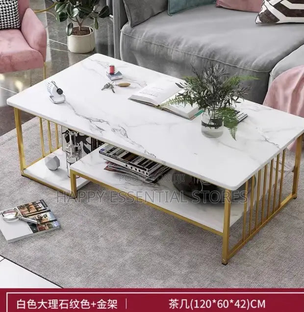 MFurn Modern Faux Marble Coffee Table – Dual-Layer Storage, Gold Frame