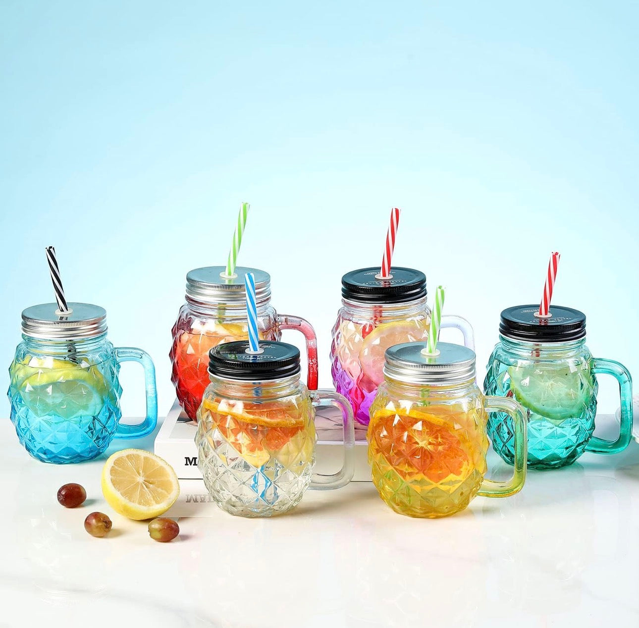 MHome Pineapple Mason Jars Sturdy Juice Glassware Gradient Glass 6pc set with Leak-Proof Lid and Straw Spill Proof Beverage Mugs Suitable for School and Work