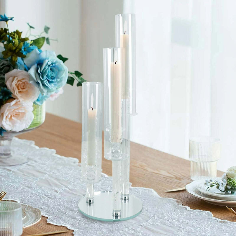 MHome 3-Arm Crystal Glass Candelabra Round Taper Design Clear - Sleek Candle Holder for Pillar Candles & Wedding Centerpieces