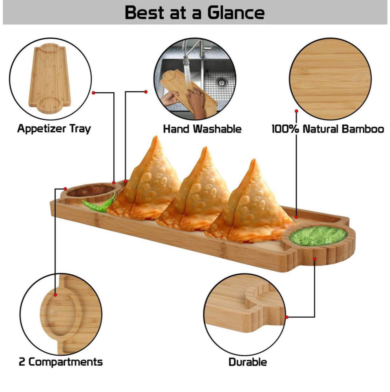 MHome Wooden Bamboo Appetizer Platter – 3-Compartment Serving Tray 39 cm