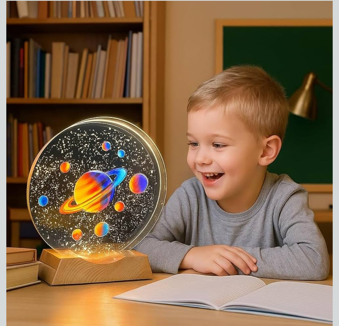 MTech 3D Acrylic Planets Crystal Ball Night Lamp With Wooden Base – USB LED Table Light