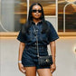 Ladies Collar Short Sleeve Single Breasted Retro Pocketed Denim Jumpsuit