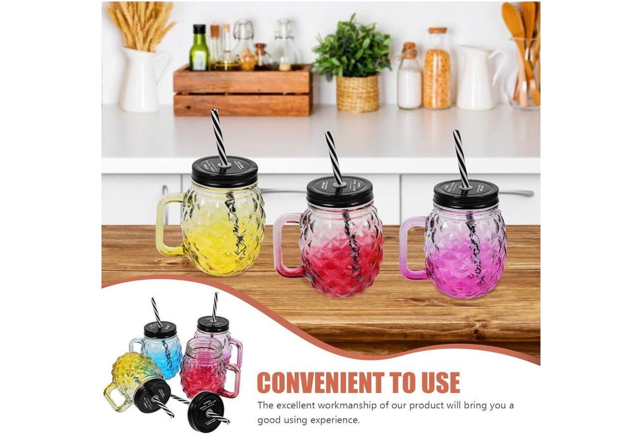 MHome Pineapple Mason Jars Sturdy Juice Glassware Gradient Glass 6pc set with Leak-Proof Lid and Straw Spill Proof Beverage Mugs Suitable for School and Work