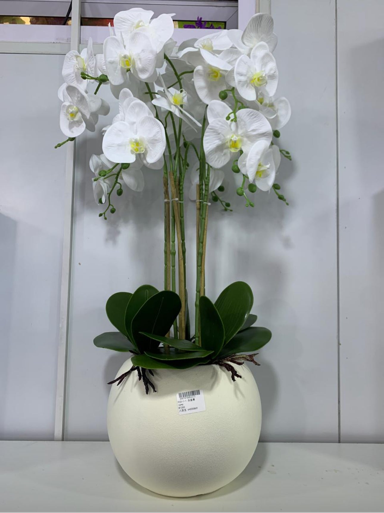 White Faux Orchids in Large Ceramic Bowls