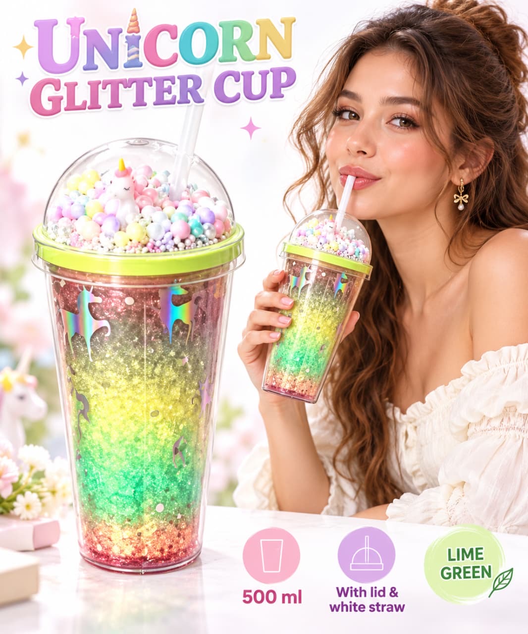 MHome Unicorn Glitter Tumbler 500ml -Various Colours
