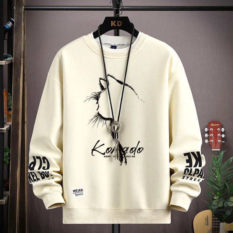 Autumn Men's Sweatshirt Sketch Cat Print Long Sleeve T-shirt Fashion Men's Clothing