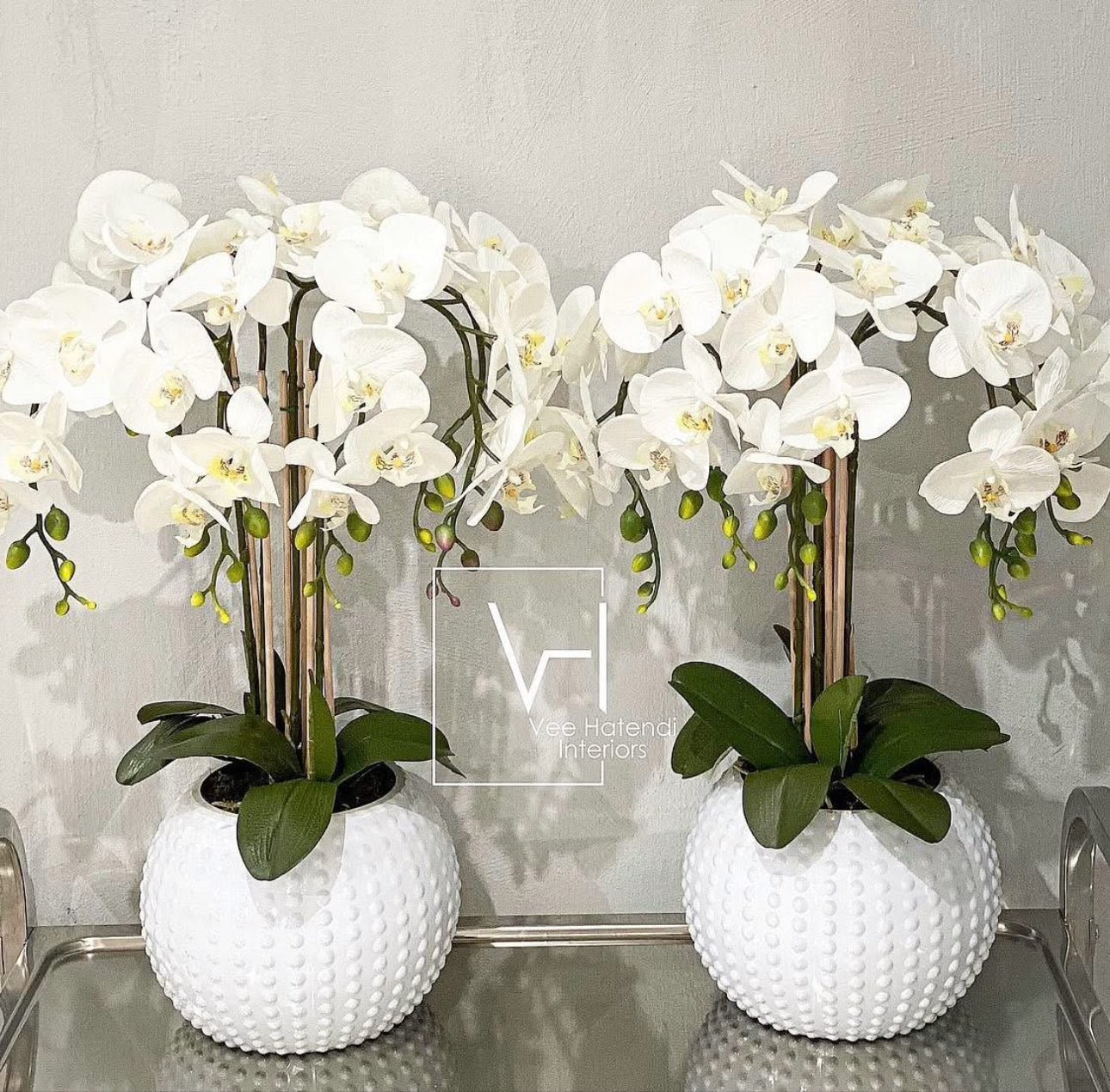 White Faux Orchids in Large Ceramic Bowls