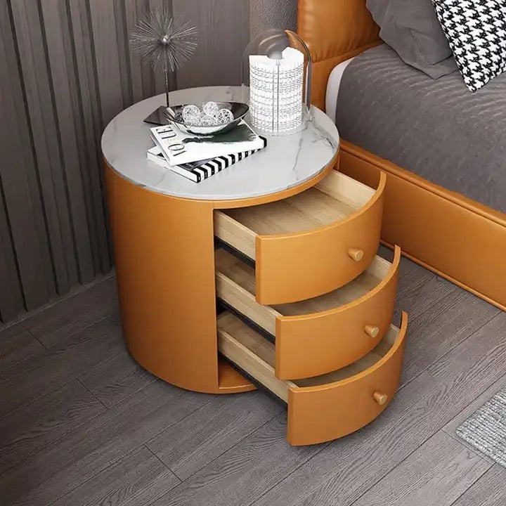 Round Bedside Table Smart Intelligent Audio Password Fingerprint Lock Wireless Charging Leather Wood Cabinet Nightstands - Various Colours