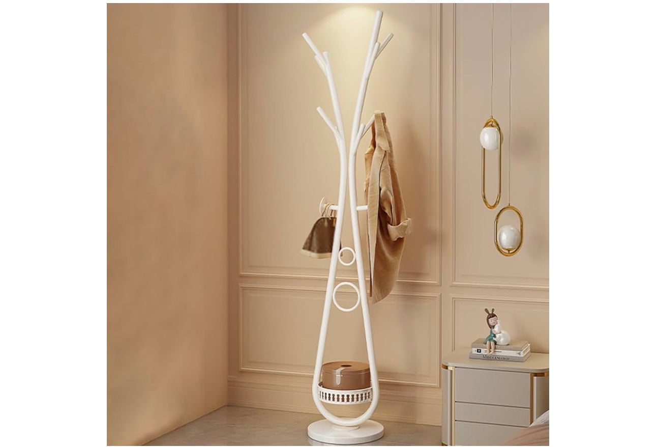 MHome Coat Rack Stand With Hooks, Coat Tree With Storage Basket, Coat Rack Freestanding Metal For Hallway, Office, Coat Hangers Stand Hall Tree With Shelves For Clothes, Scarves