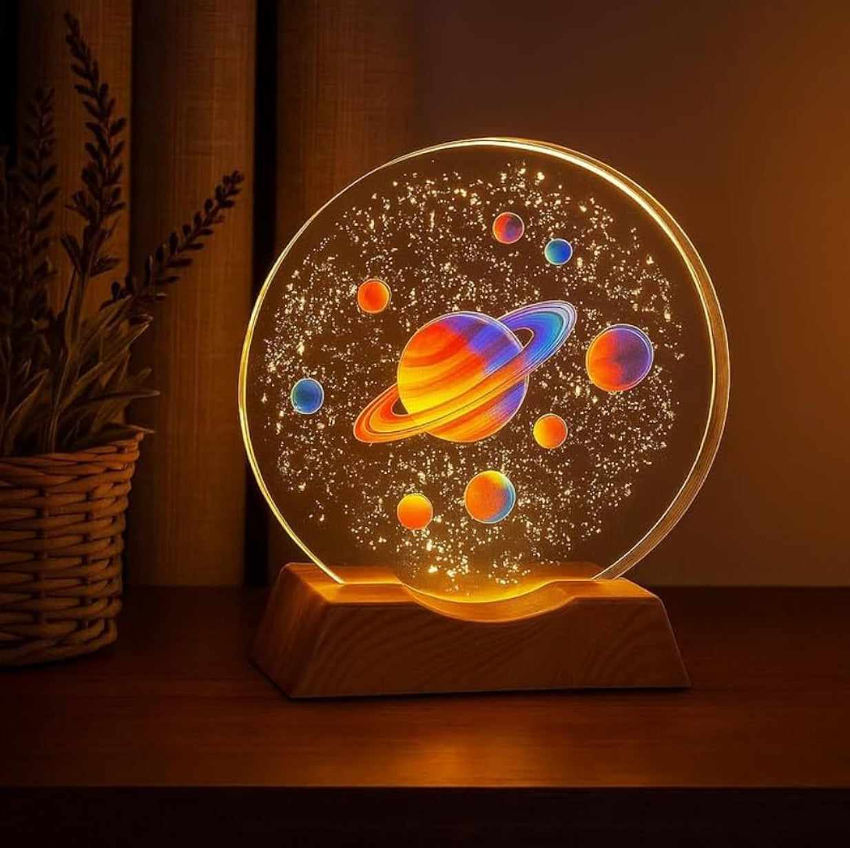 MTech 3D Acrylic Planets Crystal Ball Night Lamp With Wooden Base – USB LED Table Light