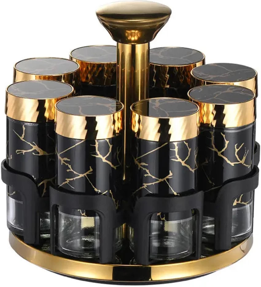 MHome 
Rotating Spice Rack Set with 8 Glass Jars – Golden Lid Seasoning Container Organizer with Carousel Stand For Kitchen Storage & Organization|Spice Jars & Racks