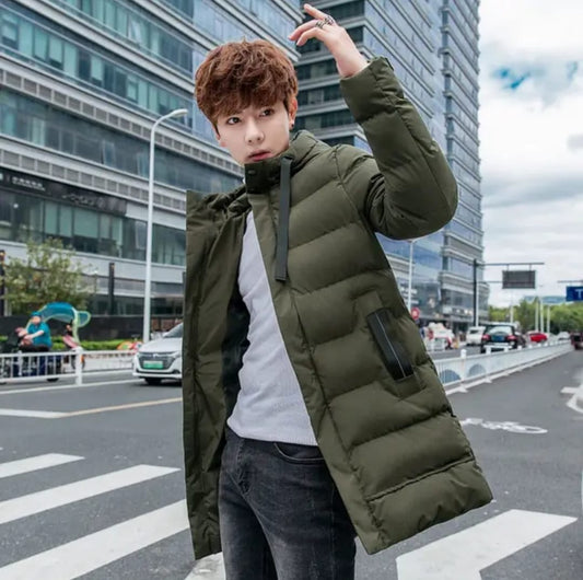 Mens Zipper Padded Jacket With Hood Long Sleeve Warm Long Coat