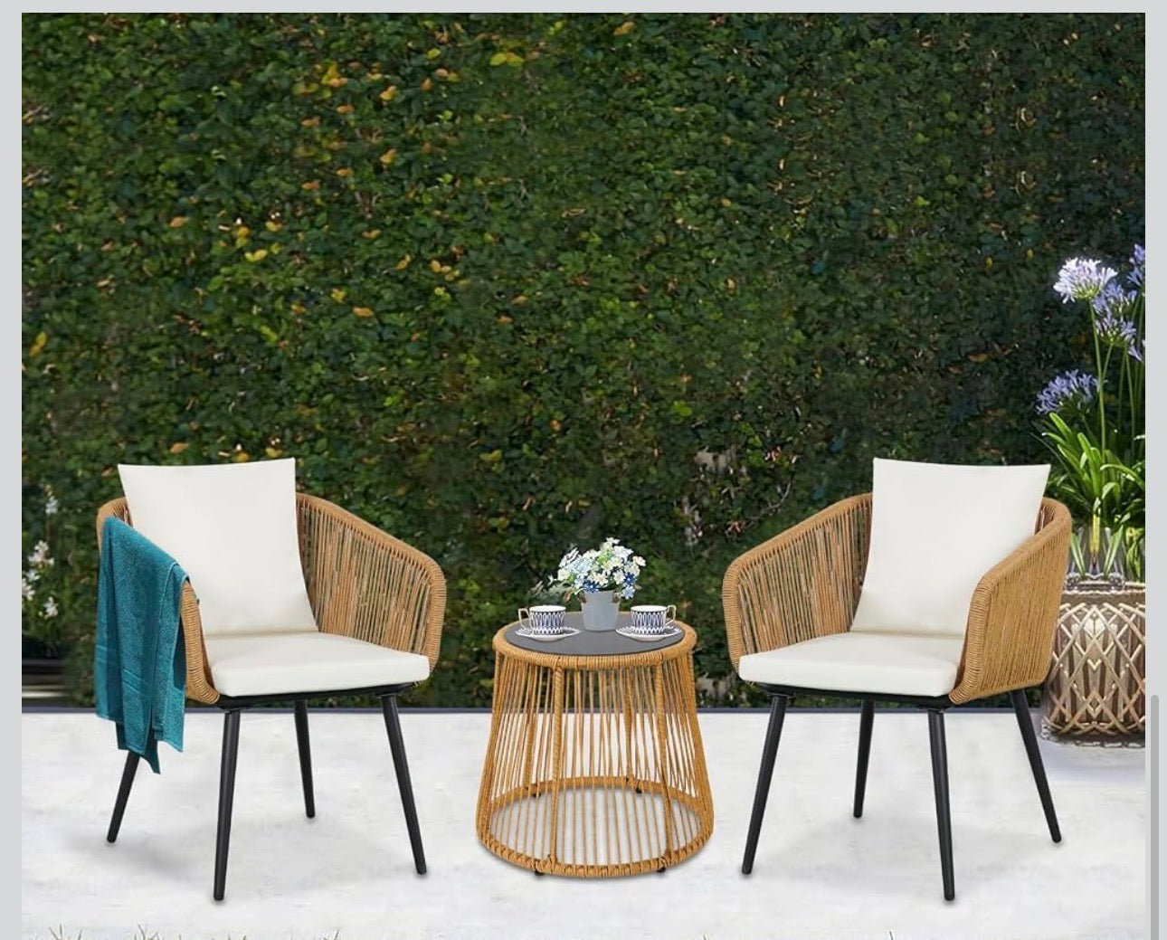 MFURN Caleb 3Piece Patio Bistro Set, Wicker Outdoor Patio Set with Enhanced Comfort Seating, Round Glass Top Coffee Side Table, Patio Rattan Conversation Set for Balcony, Lawn, Garden, Backyard