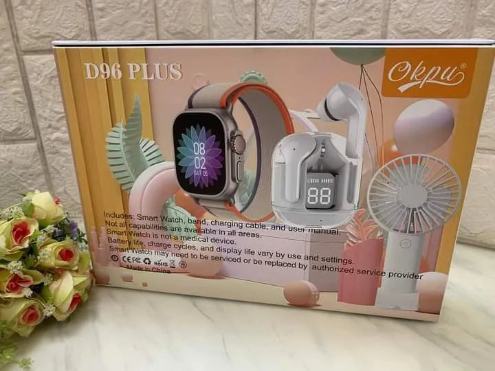 Smartwatch, Handy Fan and Earbuds Combo Set. Bluetooth Calling Smart Watch with 4 Straps, Best Quality Hand Fan and Earbuds Gift Set D96 Plus-Various Colours