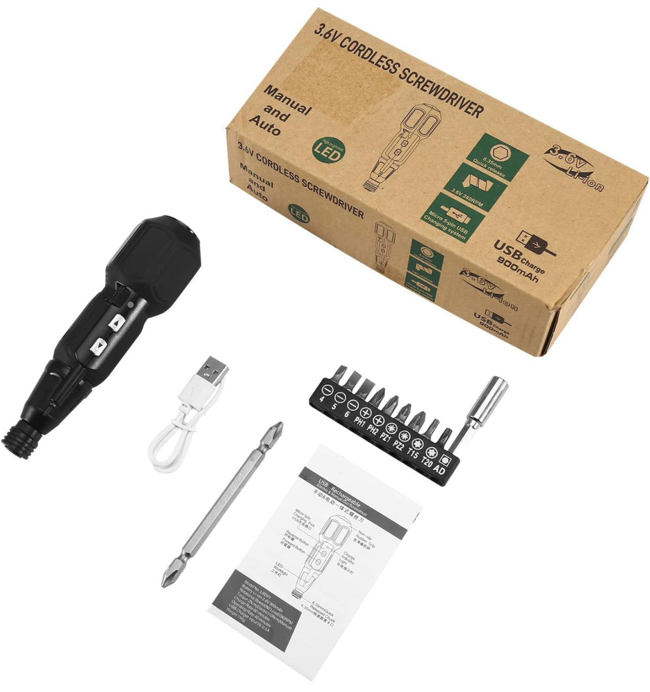 Electric Screwdriver Cordless, Rechargeable Power Screwdrivers Set, Portable Automatic Home Repair Tool Kit with LED Lights and USB Cable