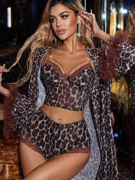 Women's Leopard Print Pajamas Lace Bustier Top and Shorts with Bow Robe Sleepwear 3pc