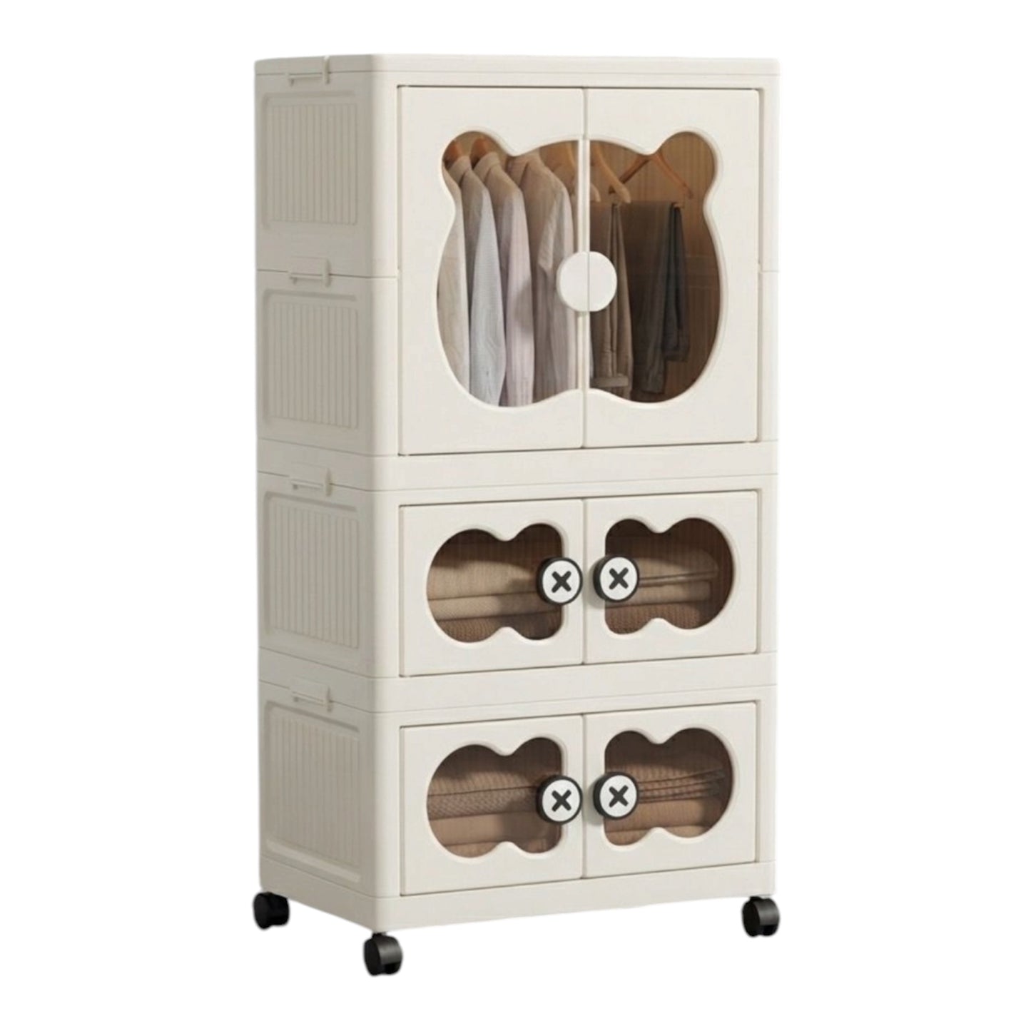 MHome  Kids Bear Wardrobe/Multifunctional Collapsible Plastic Wardrobe for Kids- Storage Cabinet – Dustproof Organizer for Baby Clothes, Toys & Books with Wheels & Hangers- Beige/Various Sizes
