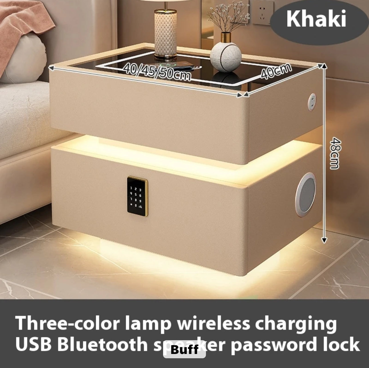 Nordic style smart bedside cabinets with wireless charging, Bluetooth speaker, LED strip, and secure password lock drawer-Available In Various Colours PreOrder Sales Now Available!